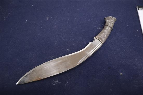 A silver mounted Kukri and two smaller blades kukri length 40cm